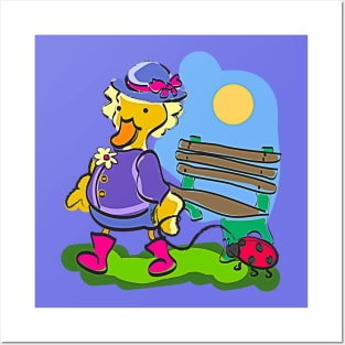 Cute Duck Walking Her Pet Ladybug in the Park Posters and Art